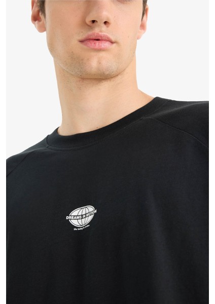 %100 Pamuk Loose Fit Bisiklet Yaka Baskılı Kısa Kollu Tişört F0187AX25SM