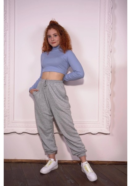 Starinci Kadın Bebek Mavisi Fitilli Balıkçı Yaka Crop Bluz