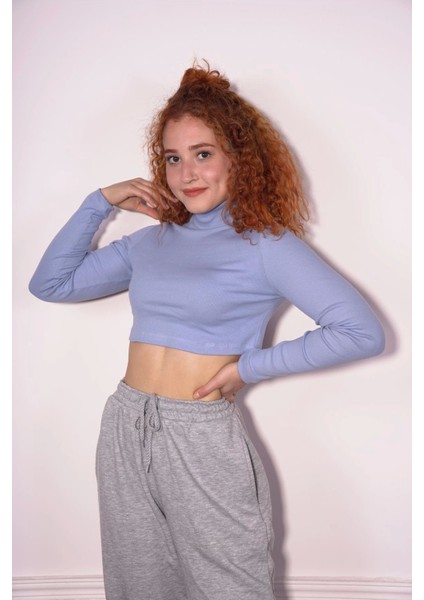 Starinci Kadın Bebek Mavisi Fitilli Balıkçı Yaka Crop Bluz modelleri