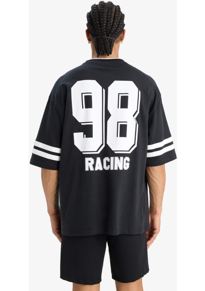 %100 Pamuk Loose Fit Bisiklet Yaka Sırt Baskılı Kısa Kollu Tişört F0188AX25SM