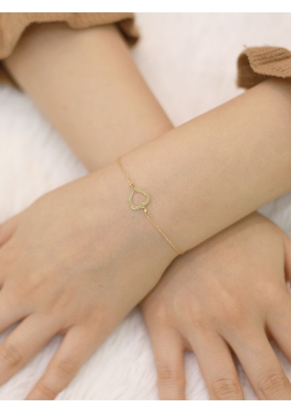 14 Ayar Altın Çift Zincir Büyük Kalpli Bileklik