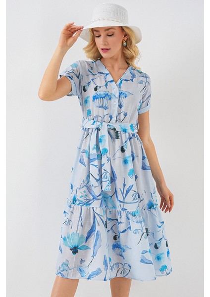 Kadın Desenli Kısa Kol Elbise 2558 - Mavi