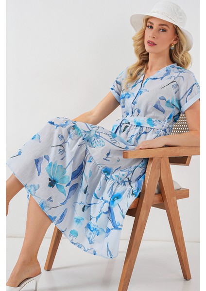 Kadın Desenli Kısa Kol Elbise 2558 - Mavi modelleri