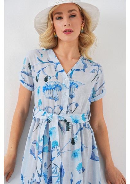 Kadın Desenli Kısa Kol Elbise 2558 - Mavi indirimleri