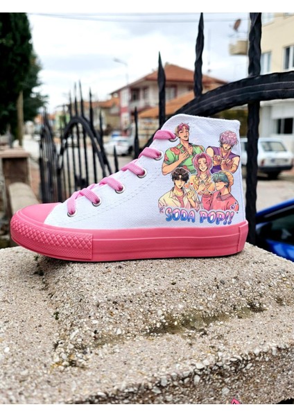 Beyaz Pembe Taban Soda Kpop Baskılı Bağcıklı Çocuk Spor Ayakkabı Sneaker