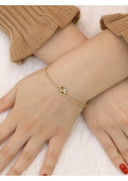 14 Ayar Altın Taşlı Kalp Yoncalı Bileklik