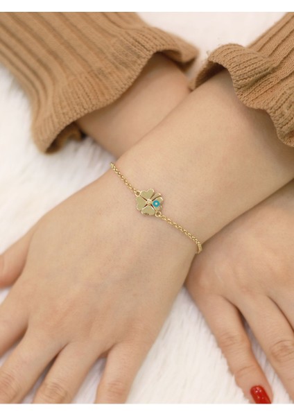 14 Ayar Altın Turkuaz Mineli Kalpli Yonca Bileklik