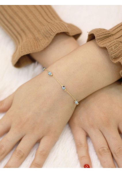 14 Ayar Altın Açık Mavi Gözlü Boncuklu Bileklik
