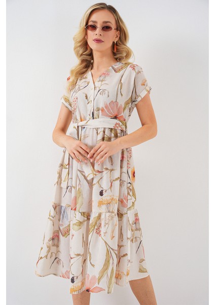 Kadın Desenli Kısa Kol Elbise 2558 - Krem