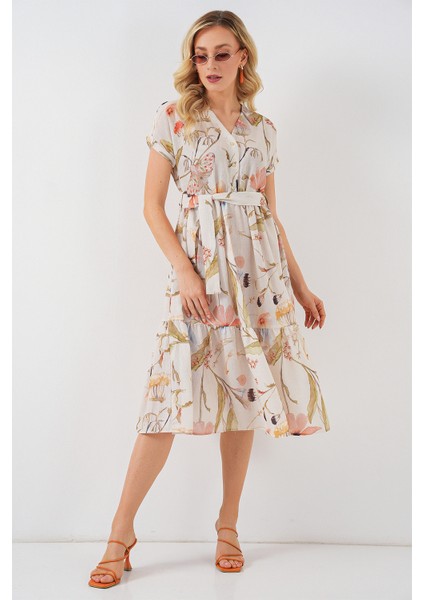 Kadın Desenli Kısa Kol Elbise 2558 - Krem fiyatları
