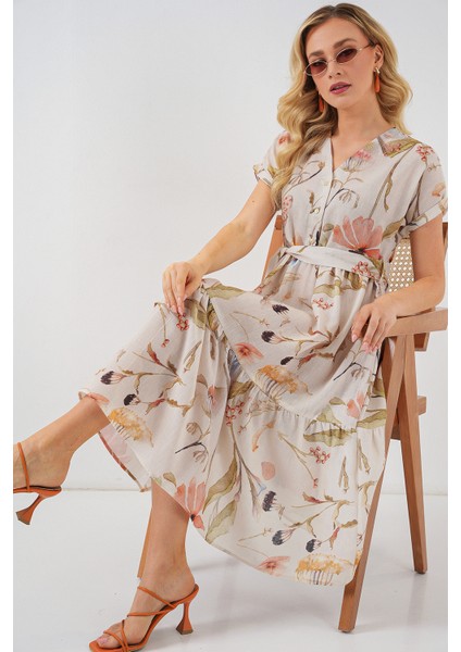 Kadın Desenli Kısa Kol Elbise 2558 - Krem modelleri