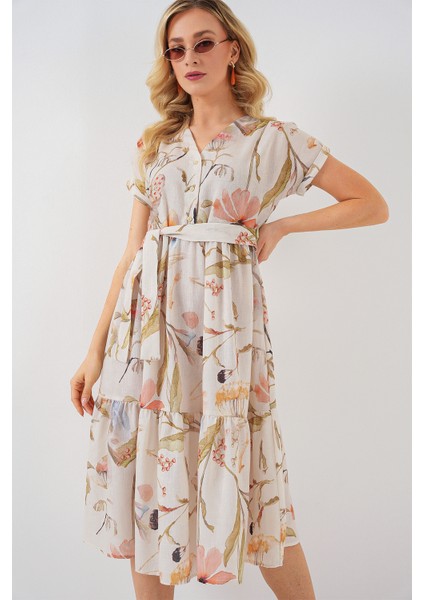 Kadın Desenli Kısa Kol Elbise 2558 - Krem fırsatları