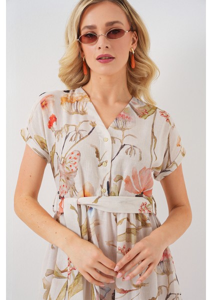 Kadın Desenli Kısa Kol Elbise 2558 - Krem indirimleri