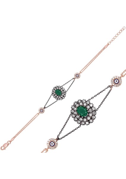 Gümüş Rose Mat Yeşil Taşlı Otantik Bayan Bileklik