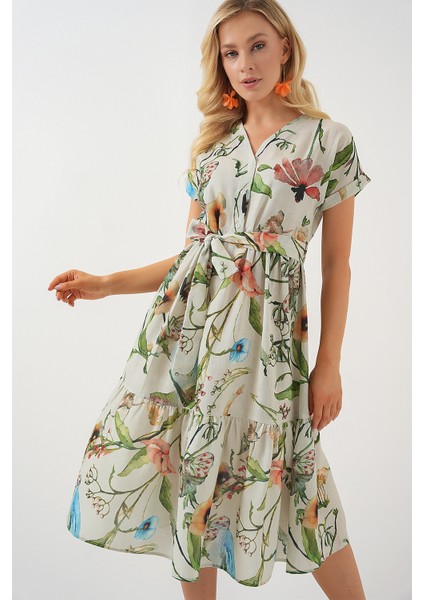 Kadın Desenli Kısa Kol Elbise 2558 - Çağla