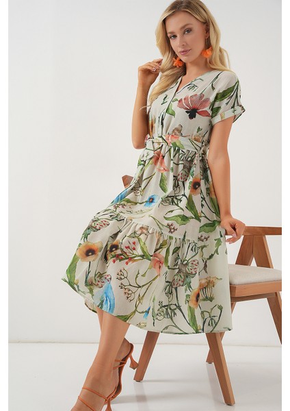 Kadın Desenli Kısa Kol Elbise 2558 - Çağla fiyatları