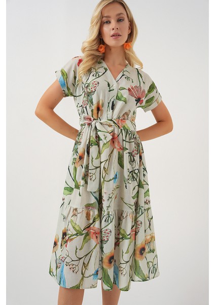 Kadın Desenli Kısa Kol Elbise 2558 - Çağla fırsatları