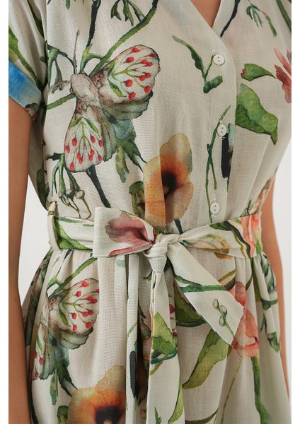 Kadın Desenli Kısa Kol Elbise 2558 - Çağla indirimleri