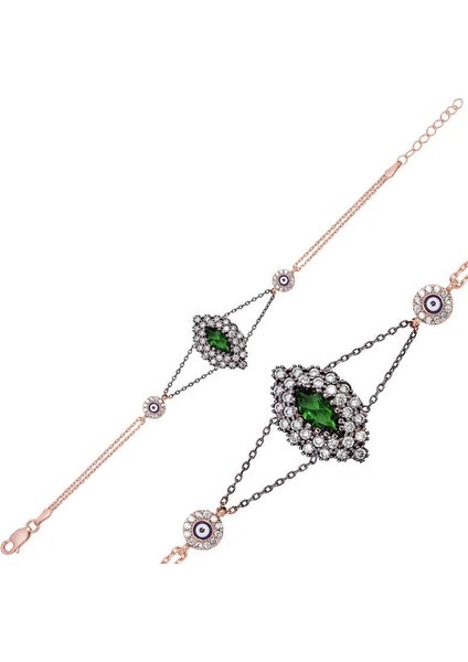 Gümüş Rose Yeşil Taşlı Otantik Bayan Bileklik