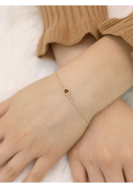 14 Ayar Altın Kalpli Kahverengi Taşlı Bileklik