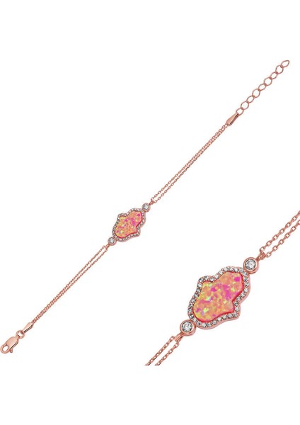 Gümüş Rose Pembe Opal Fatma Ana Eli Bayan Bileklik