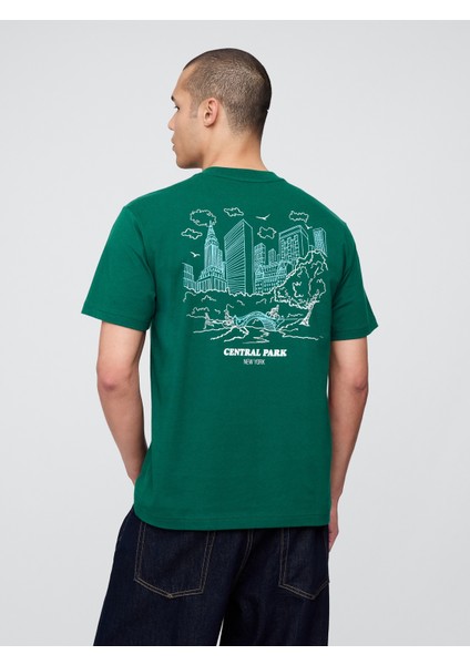 Erkek Koyu Yeşil Everyday Soft Relaxed Grafik T-Shirt