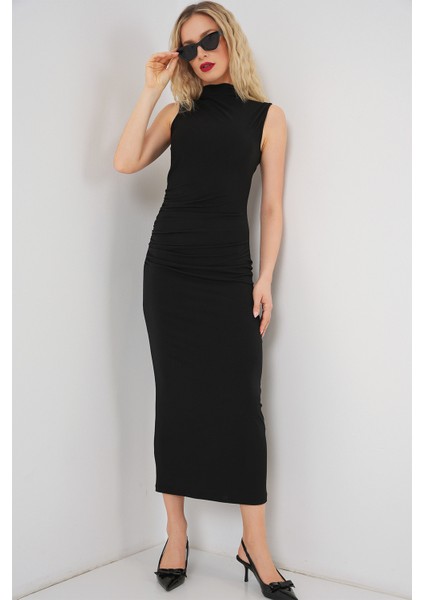 Kadın Büzgülü Sıfır Kol Drapeli Elbise 2579 - Siyah