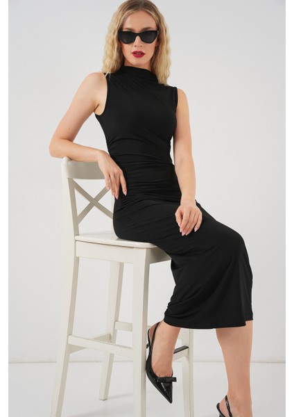Kadın Büzgülü Sıfır Kol Drapeli Elbise 2579 - Siyah fiyatları