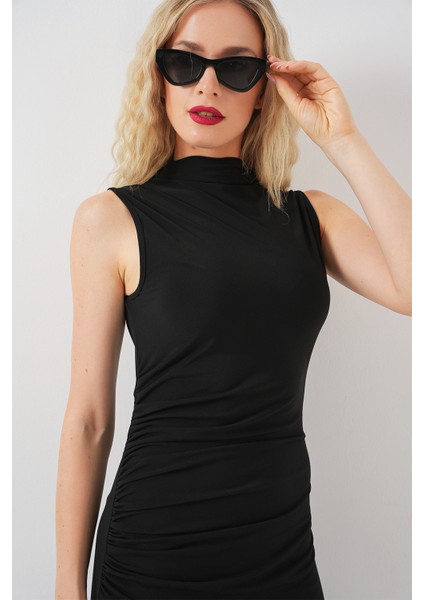 Kadın Büzgülü Sıfır Kol Drapeli Elbise 2579 - Siyah modelleri