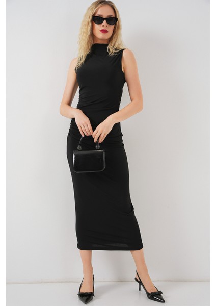 Kadın Büzgülü Sıfır Kol Drapeli Elbise 2579 - Siyah fırsatları