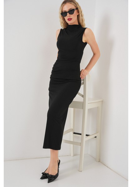 Kadın Büzgülü Sıfır Kol Drapeli Elbise 2579 - Siyah indirimleri