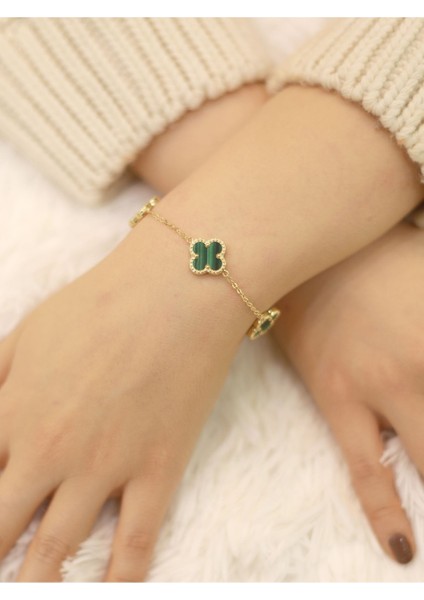 14 Ayar Altın 5'li Yeşil Yonca Bileklik