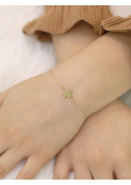 14 Ayar Altın Ince Zincir Sonbahar Yapraklı Bileklik