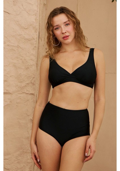 Starinci Kadın Siyah Yüksek Bel Bikini Takımı Esnek Örme Kumaş ile Şık Tasarım