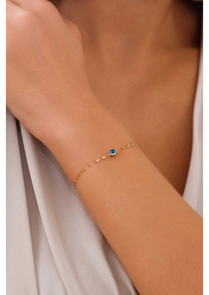 14 Ayar Altın Aynalı Mavi Gözlü Bileklik