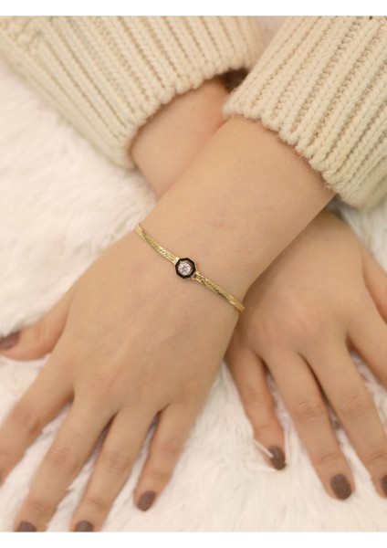 14 Ayar Altın Balık Sırtı Siyah Baget Bileklik