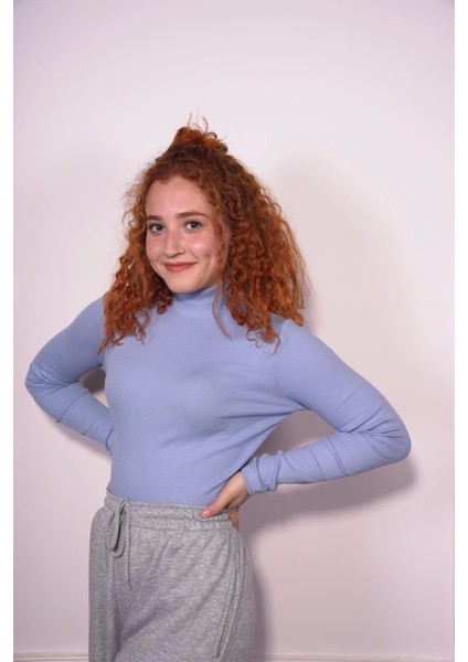 Starinci Kadın Bluz Uzun Balıkçı Yaka Fitilli Bebek Mavisi