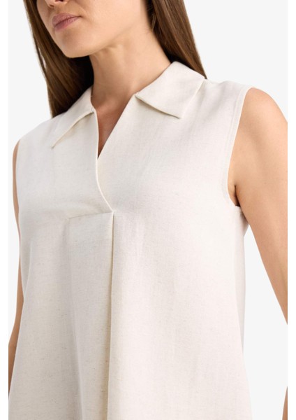 Regular Fit Polo Yaka Keten Karışımlı Kolsuz Bluz F0982AX25HS