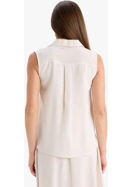 Regular Fit Polo Yaka Keten Karışımlı Kolsuz Bluz F0982AX25HS