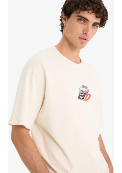 %100 Pamuk Initial D Boxy Fit Bisiklet Yaka Kısa Kollu Tişört F4231AX25SM