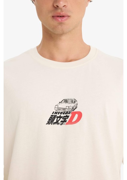 %100 Pamuk Initial D Boxy Fit Bisiklet Yaka Kısa Kollu Tişört F4231AX25SM