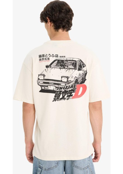 %100 Pamuk Initial D Boxy Fit Bisiklet Yaka Kısa Kollu Tişört F4231AX25SM