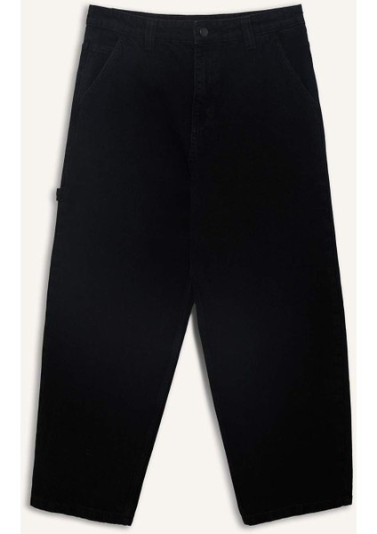 %100 Pamuk Skater Fit Geniş Kalıp Yüksek Bel Geniş Paça Siyah Jean Pantolon F3926AX25SM