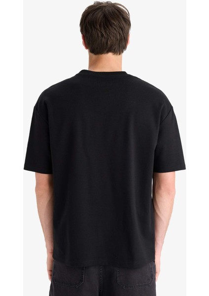 Oversize Geniş Kalıp Bisiklet Yaka Basic Düz Kısa Kollu Siyah Tişört E9798AX25SP