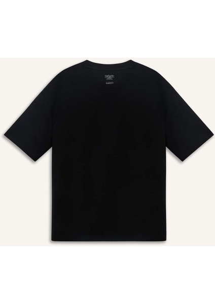 Oversize Geniş Kalıp Bisiklet Yaka Basic Düz Kısa Kollu Siyah Tişört E9798AX25SP