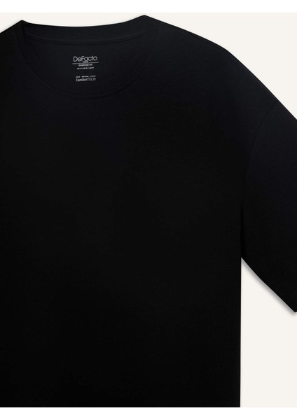 Oversize Geniş Kalıp Bisiklet Yaka Basic Düz Kısa Kollu Siyah Tişört E9798AX25SP