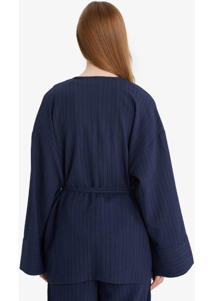 Relax Fit 2'li Takım Gofre Dokulu Uzun Kollu Kimono Pantolon F4095AX25SM