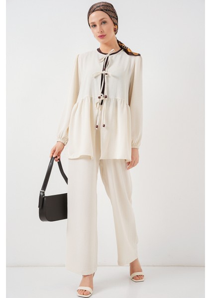 Kadın Önü Bağcıklı Tunik Pantolon Ikili Takım 6744 - Ekru