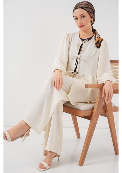 Kadın Önü Bağcıklı Tunik Pantolon Ikili Takım 6744 - Ekru fiyatları