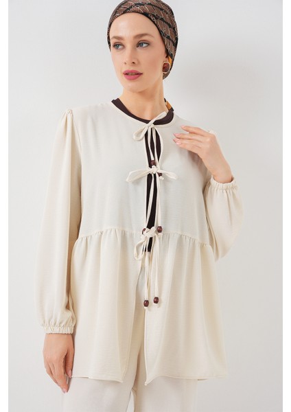 Kadın Önü Bağcıklı Tunik Pantolon Ikili Takım 6744 - Ekru modelleri